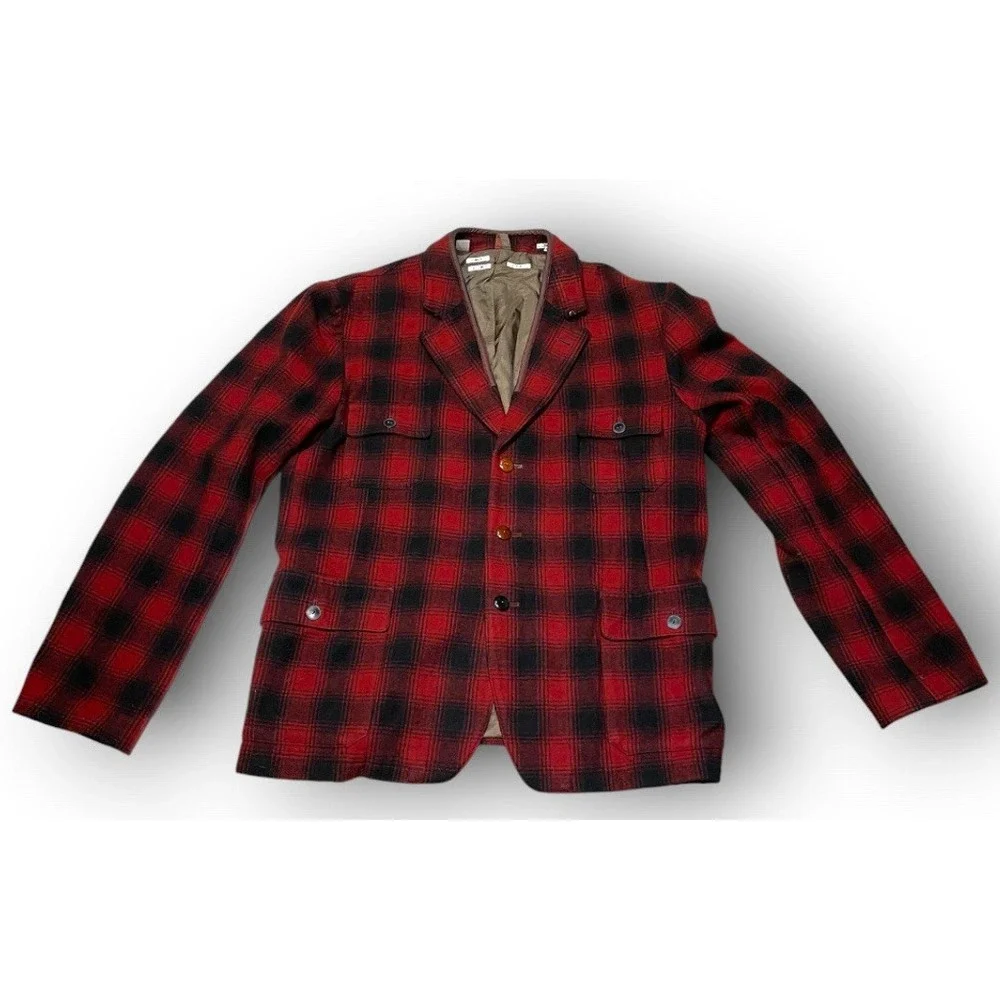 Paul Smith Red Ear Wool Plaid Field Jacket Blazer Men XL Red Black Buffalo Check